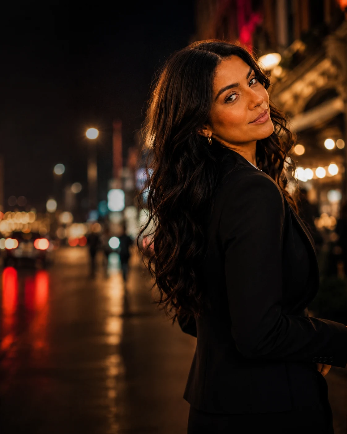 Cheli posing on a city street at night