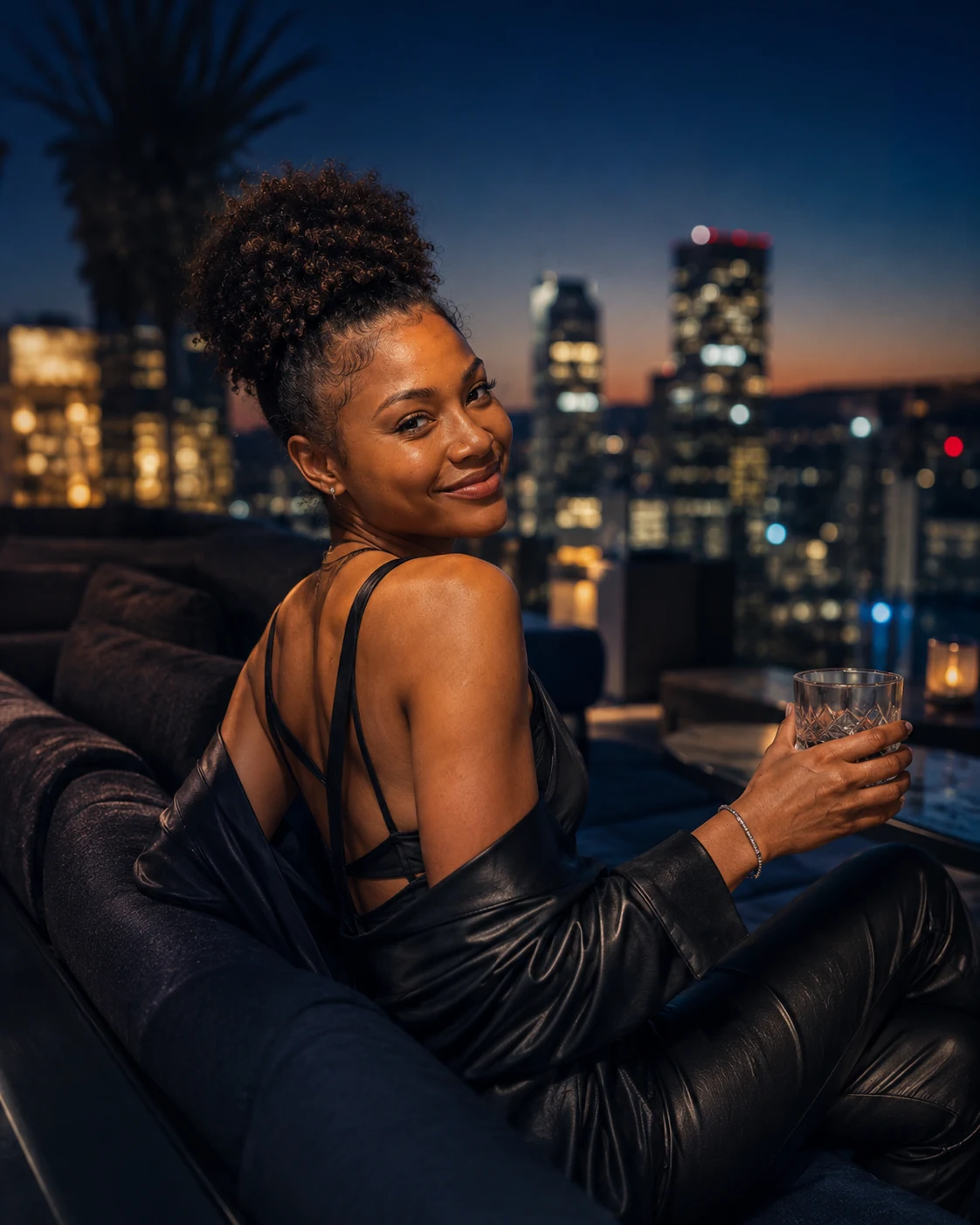 Neeris at a rooftop lounge at night