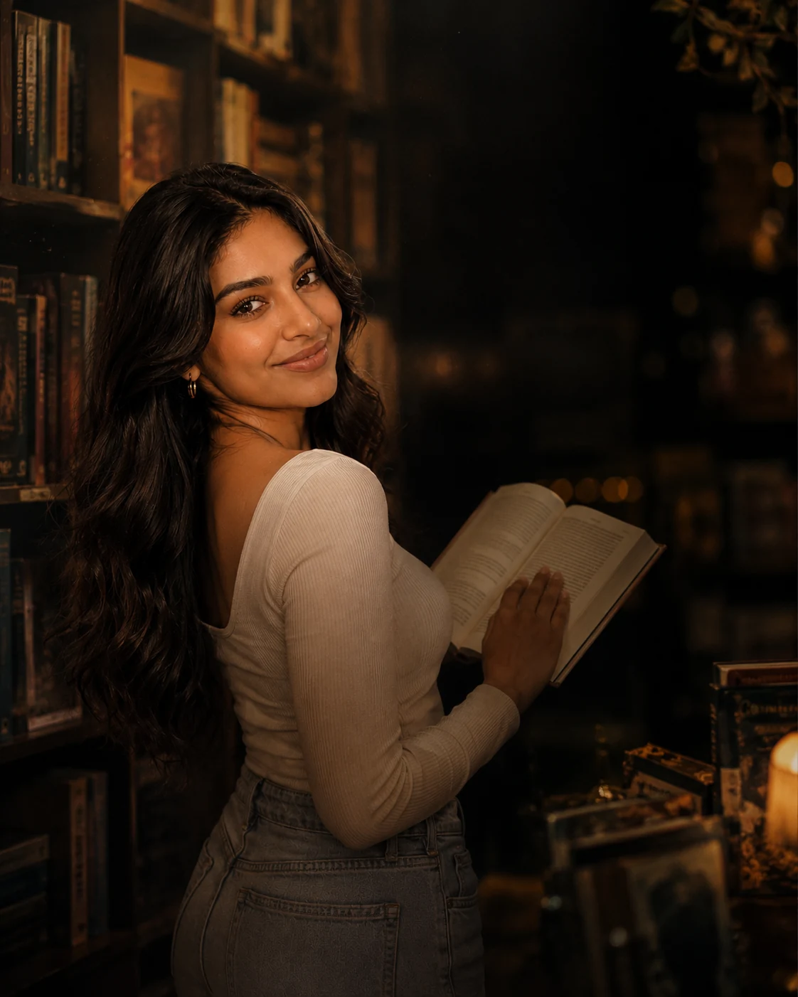 Rindra holding a book in a warm bookstore